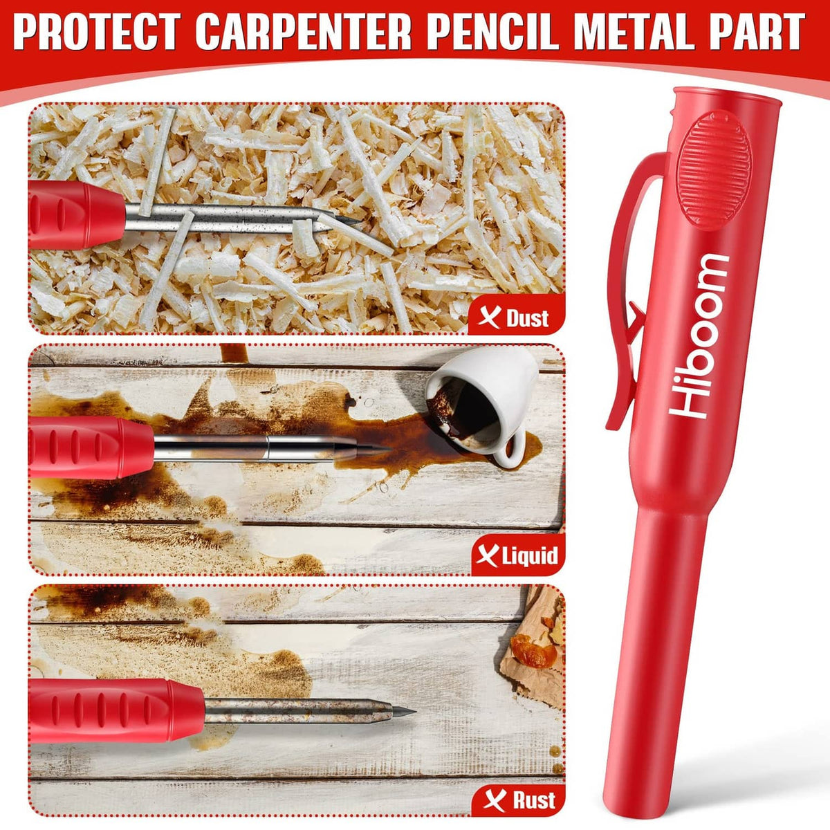 Carpenter pencil with protective metal-part design, red body and capped tip