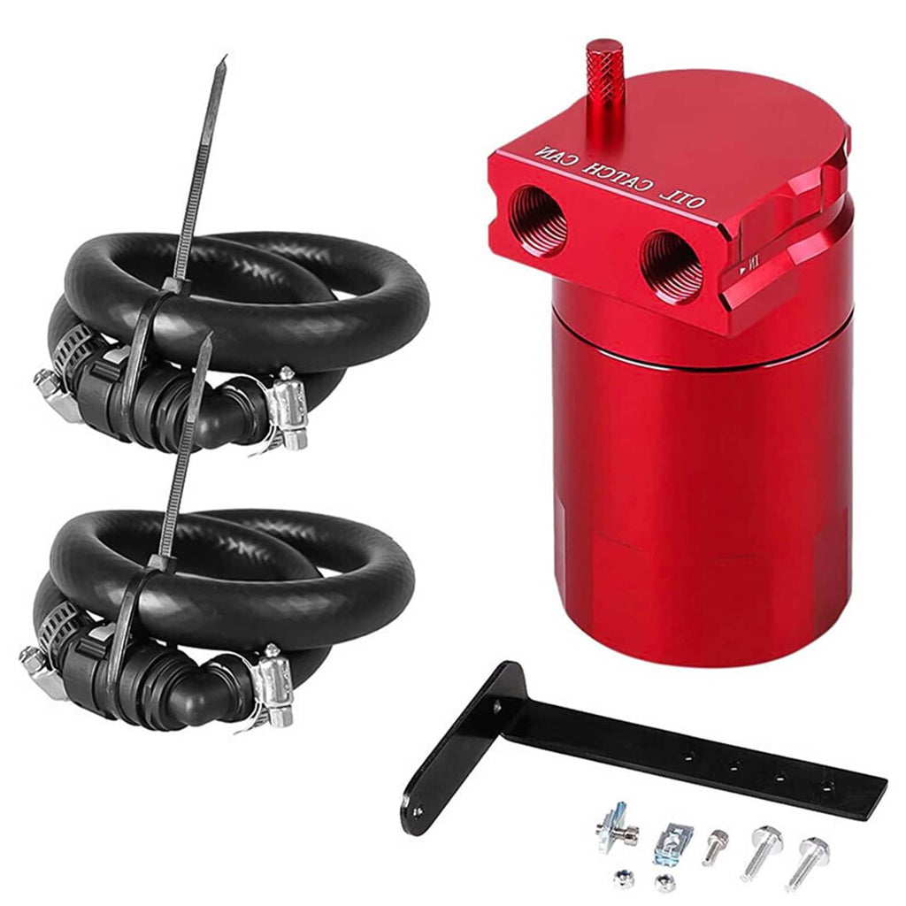 Red oil catch can separator with black hoses, metal fittings, and mounting bracket
