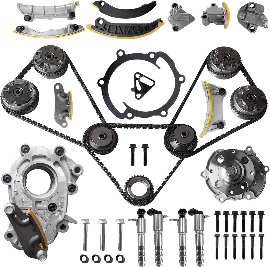 Timing chain kit components set with metal gears, seals, and mounting bolts