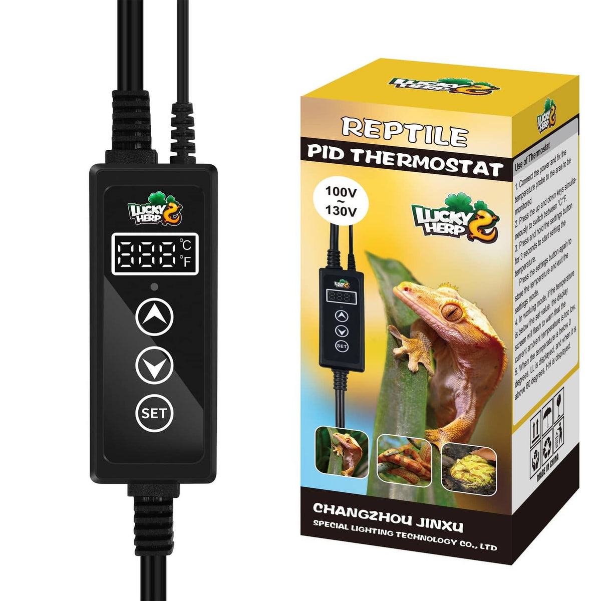 Reptile dimming thermostat controller with LCD display, buttons, and dual power cords