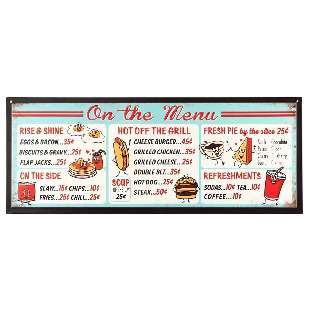 Vintage diner metal menu sign with “On the Menu” header and illustrated food items