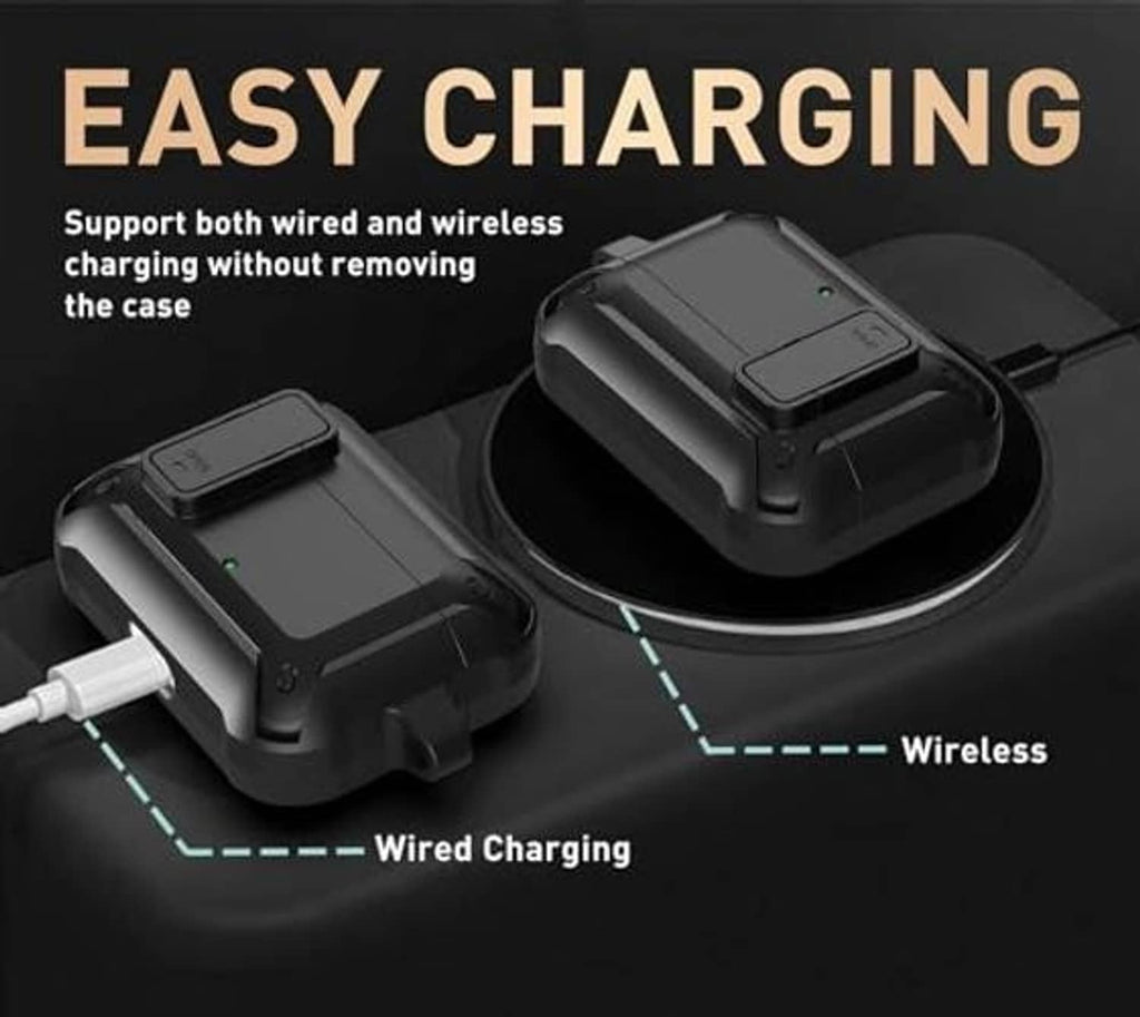 Black charging earbud case with cable connection ports and carabiner loop