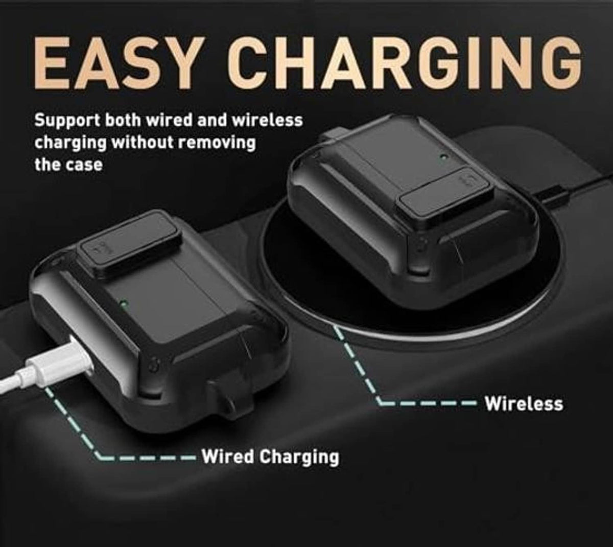 Black charging earbud case with cable connection ports and carabiner loop