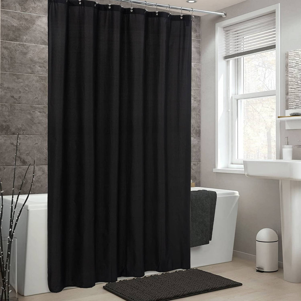 Black waterproof shower curtain with buttonhole top and full hanging drape
