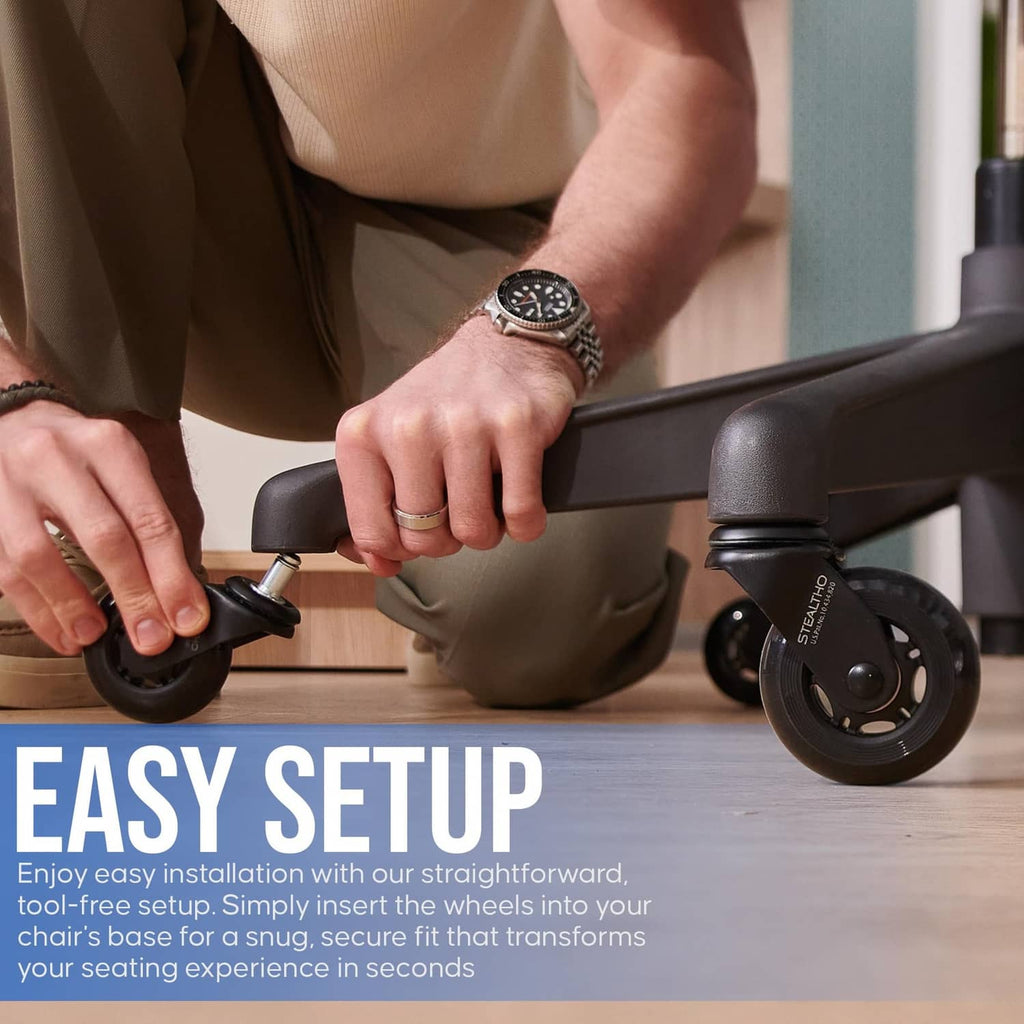 Office chair wheel installation shown with black caster wheel on chair base