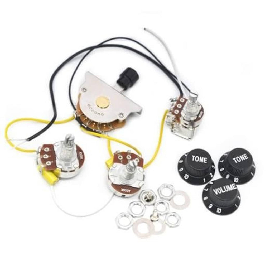 Prewired guitar coil-splitting wiring harness with 5-way blade switch, volume and tone knobs