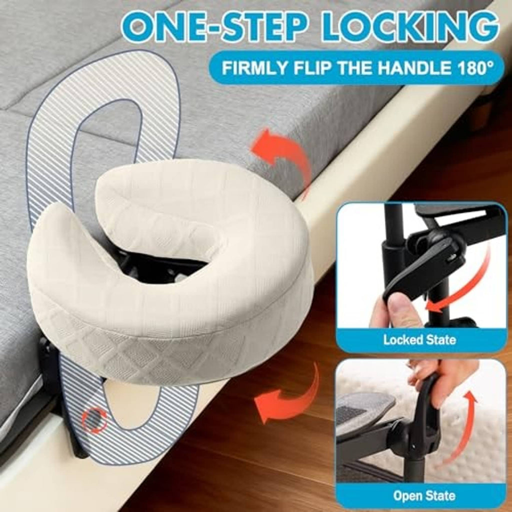 Bed massage headrest cradle pillow with locking handle and light beige cover