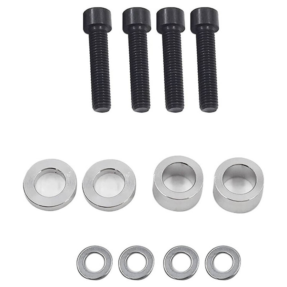 Motor mount kit hardware: black bolts, washers, and metal sleeves with inner holes