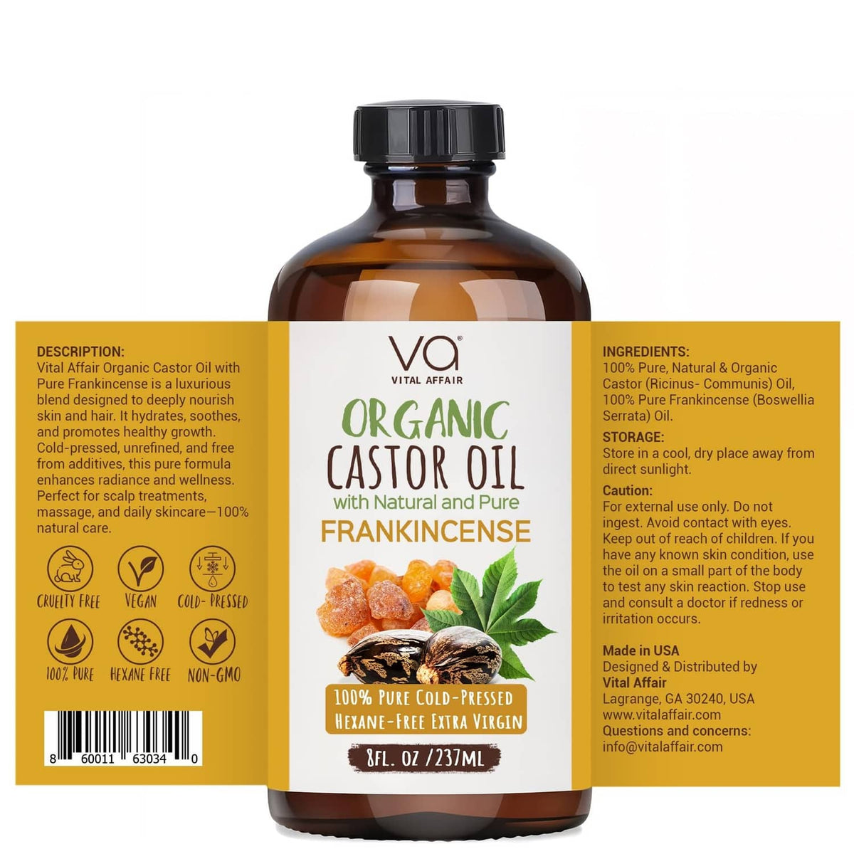 Organic castor oil with frankincense amber glass bottle, back label view