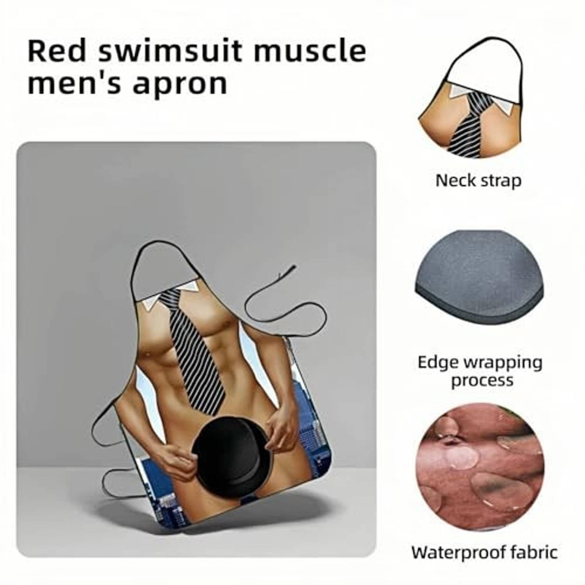 Muscle man style apron with neck strap, striped tie, and black hat graphic center