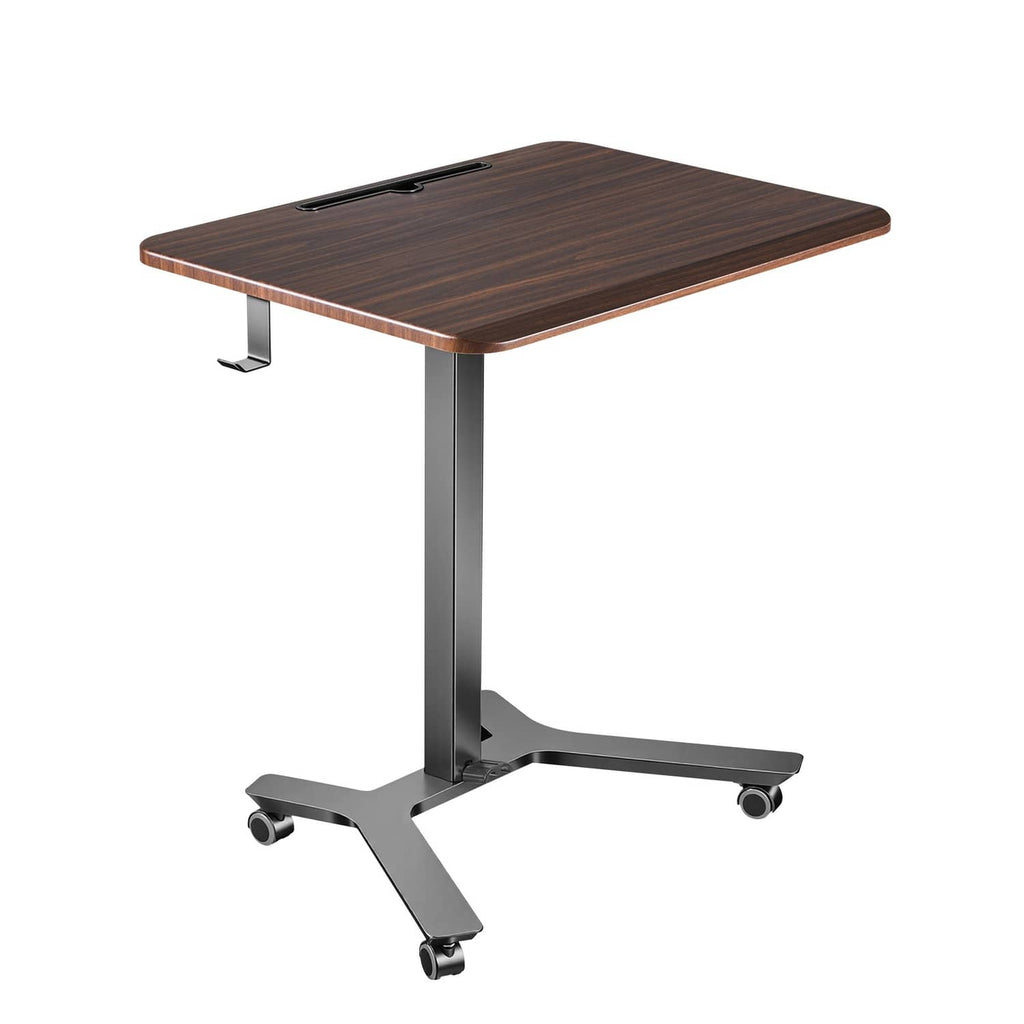 Dark wood standing desk with metal lift legs and rolling caster base