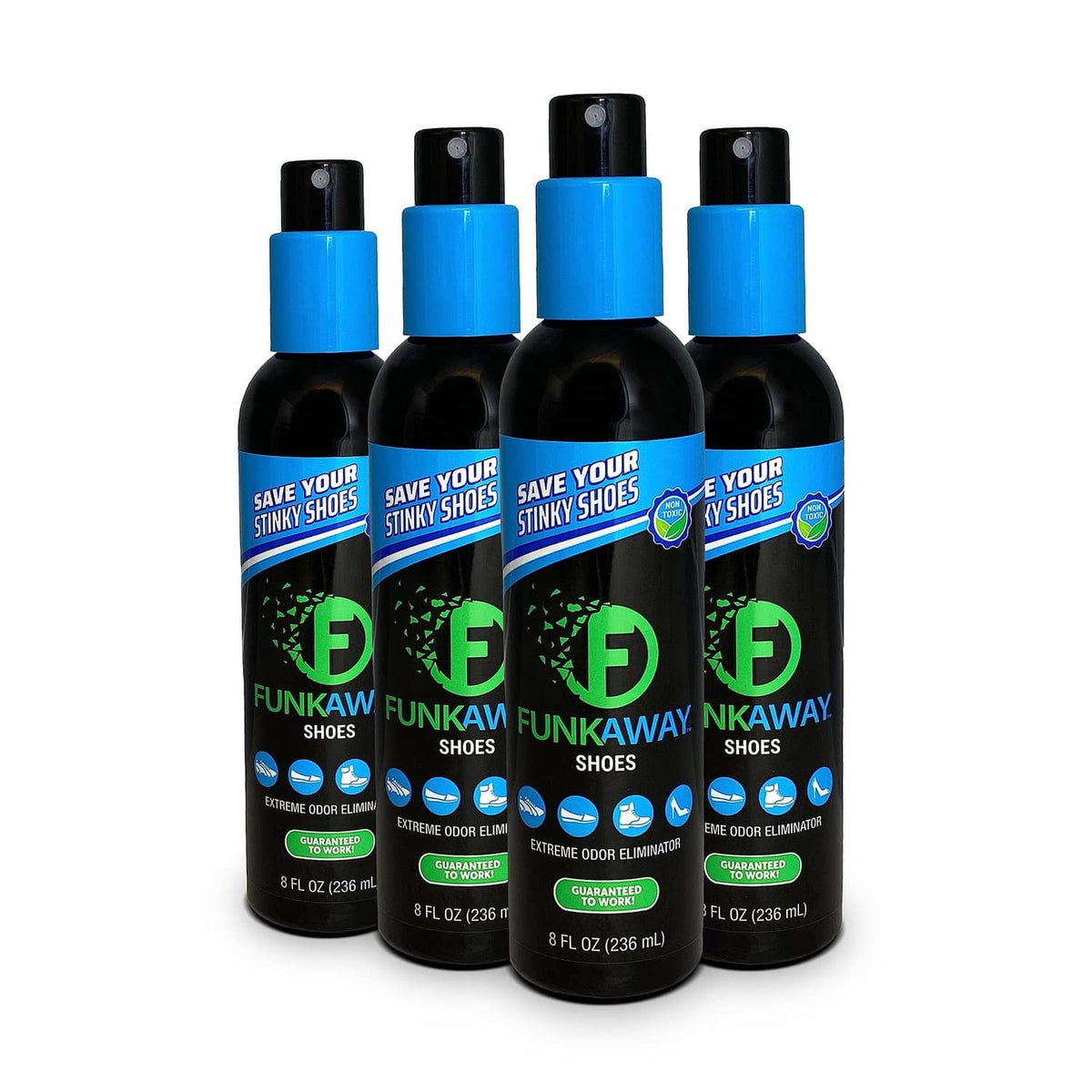 FunkAway shoe odor eliminator spray, pack of 4 black bottles with blue caps