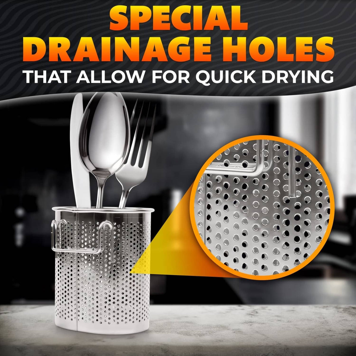 Silver perforated stainless steel utensil holder with cutlery, drainage holes