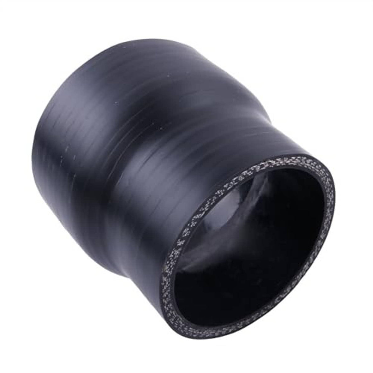 Black straight reducer hose coupler adapter, ribbed exterior with open flared end