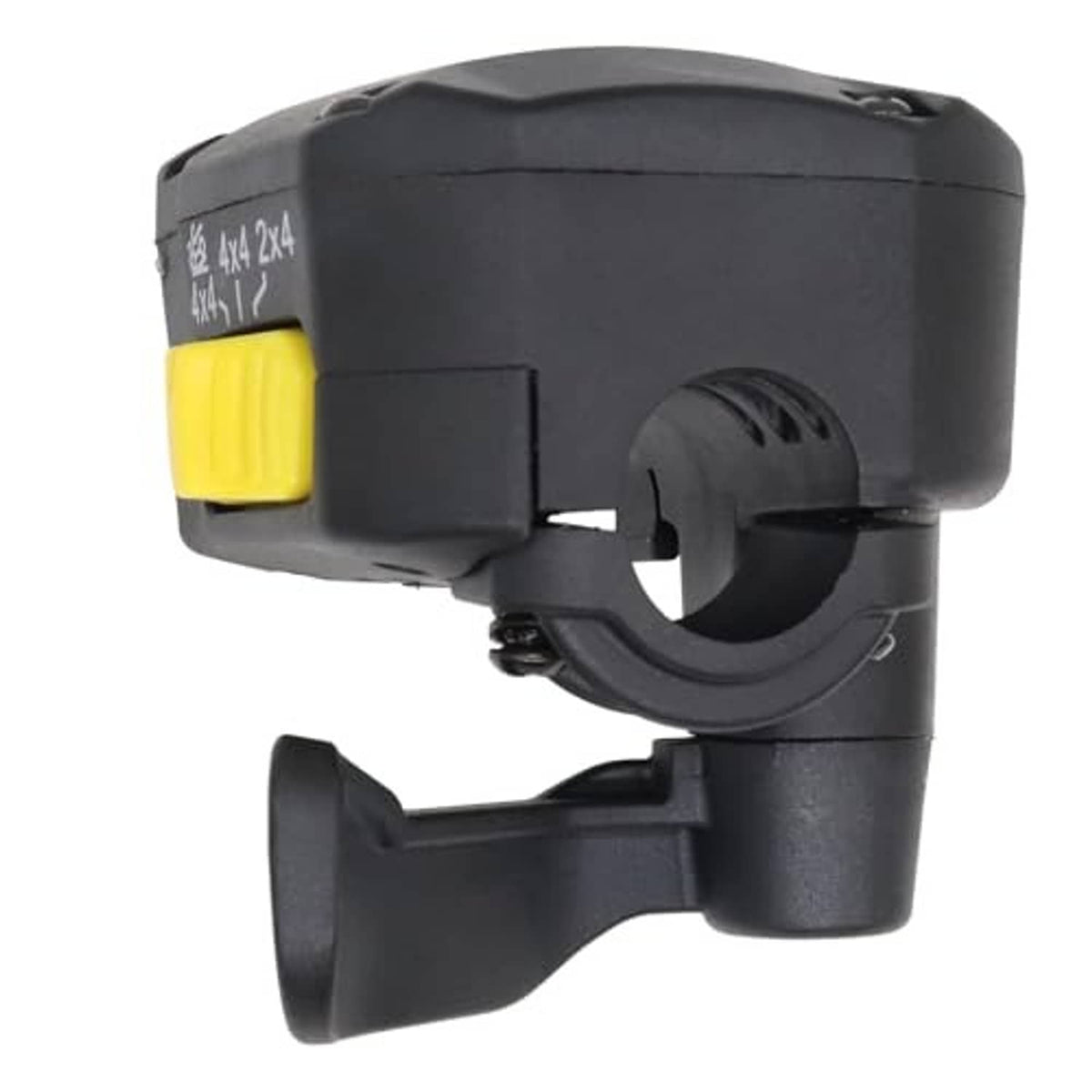 Black thumb throttle lever with yellow button and circular pivot opening