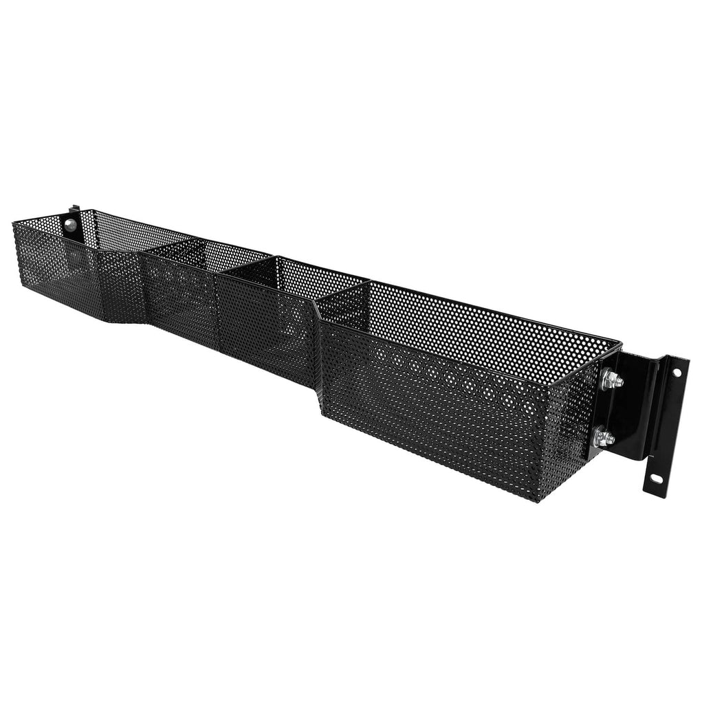 Black mesh front storage basket box with long divided sections and rear mounting bracket