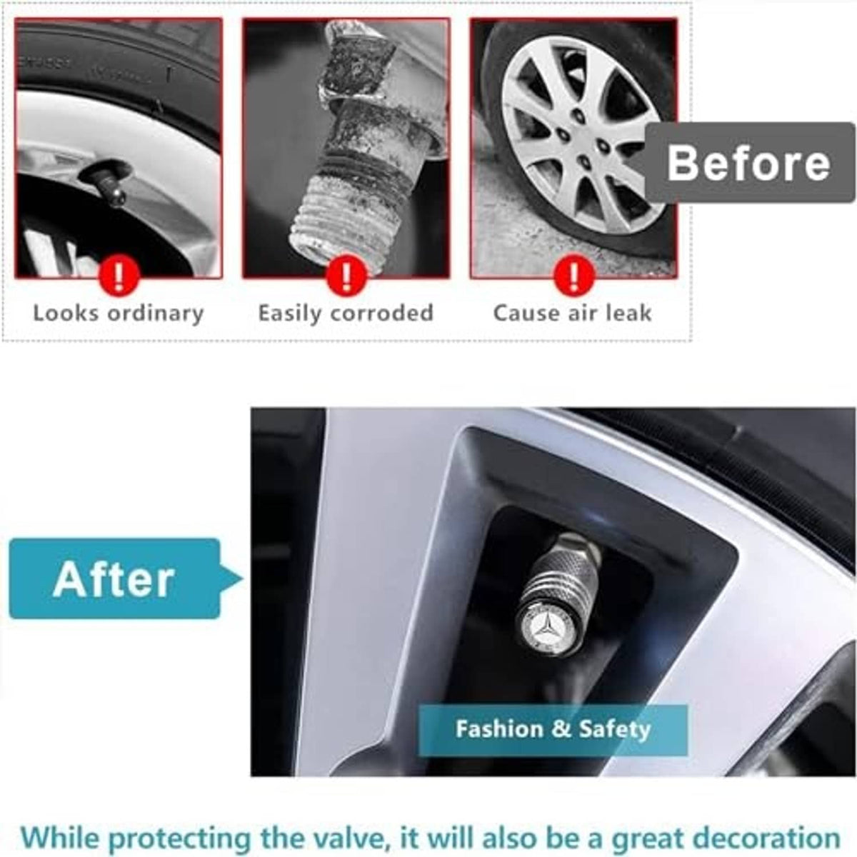 Mercedes-Benz tire valve stem cap on wheel valve, black textured design
