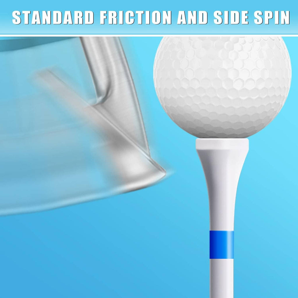 Wood golf tee with blue-and-white striped band and white head next to a golf ball