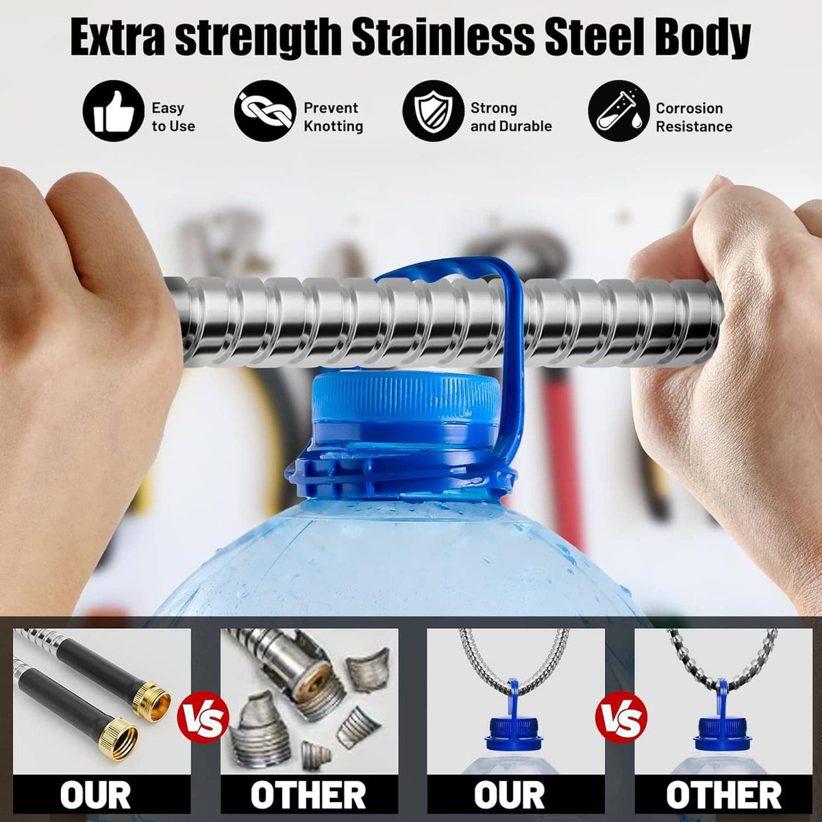 Stainless steel hose with brass connectors, gripped for attaching to a water bottle