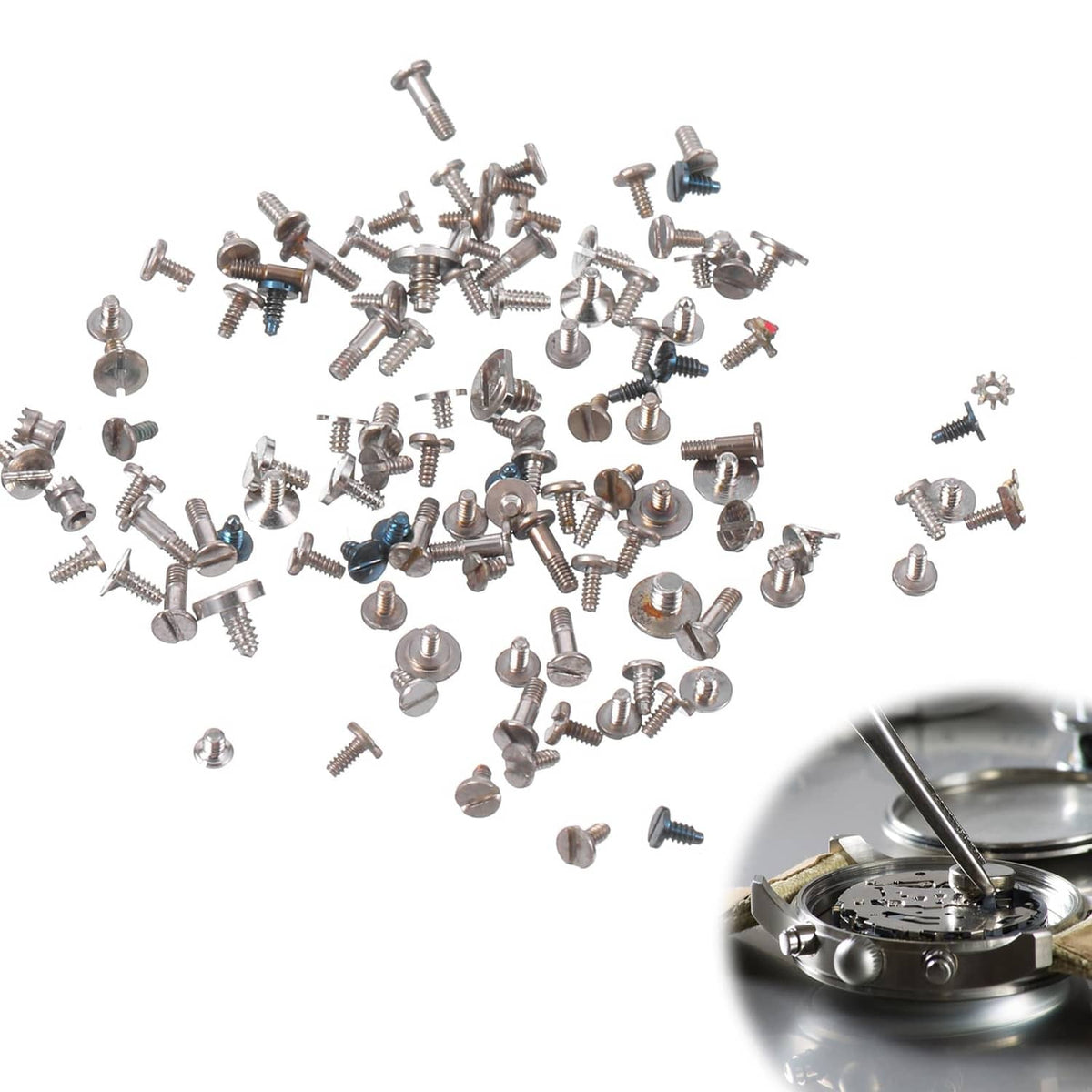 Watch battery clamp screw assortment kit with silver screws, 100 pcs shown loose