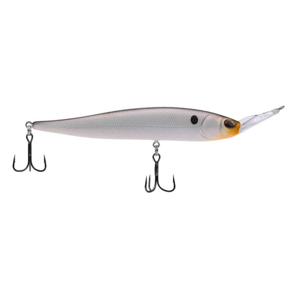 Silver minnow fishing lure with two treble hooks and side fin detail