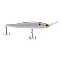 Silver minnow fishing lure with two treble hooks and side fin detail