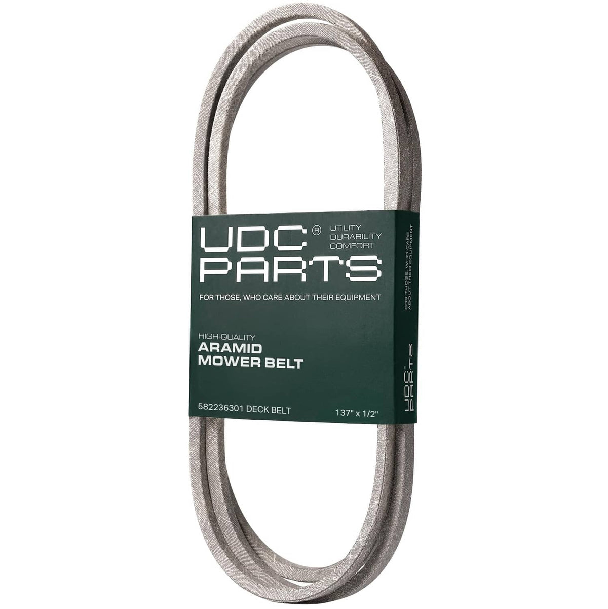 Gray aramid deck belt replacement, coiled belt loop with product label