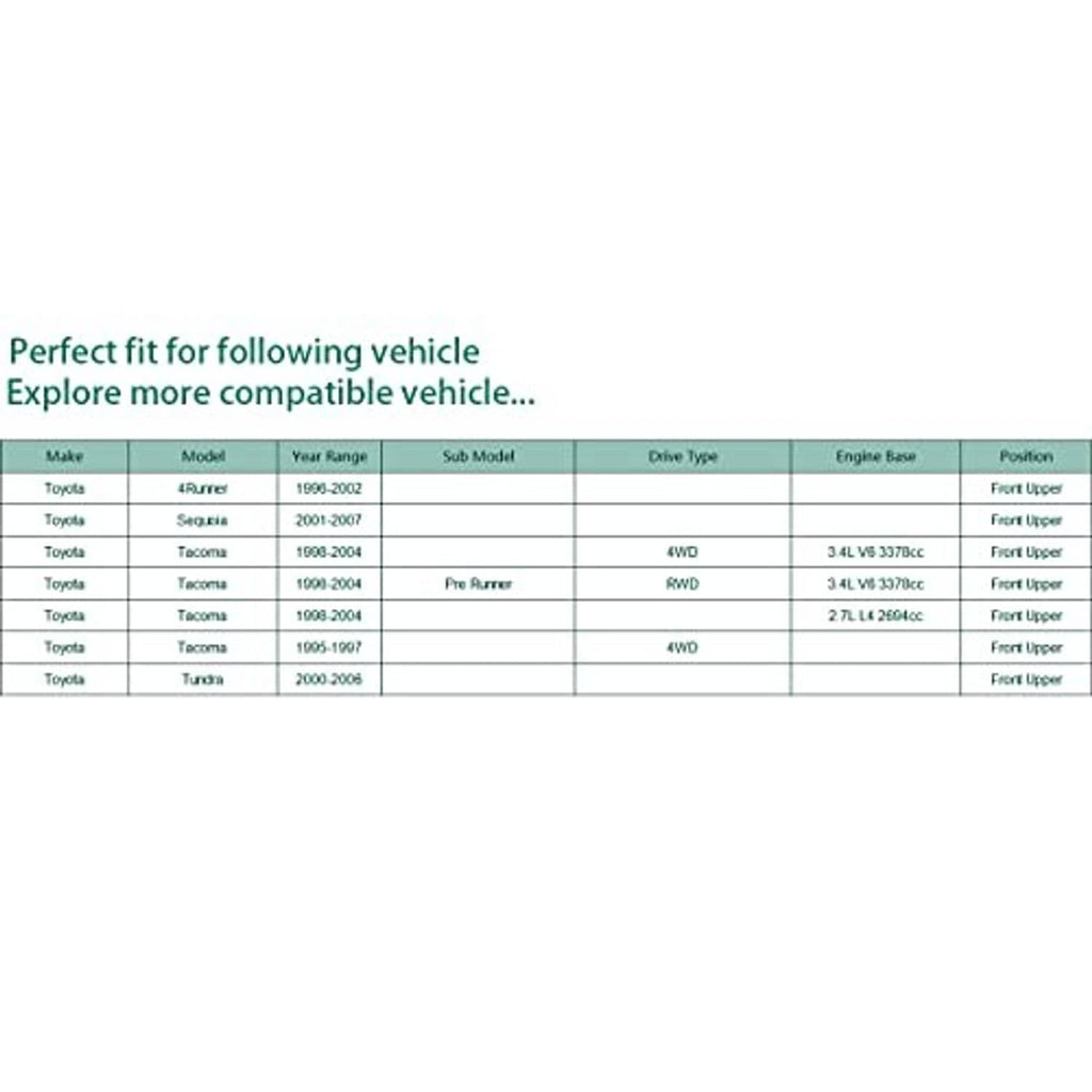Vehicle fitment chart listing compatible models for front upper ball joint
