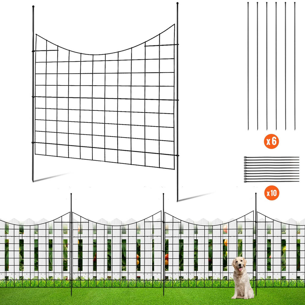 Decorative garden fence panel set with black grid panels and stakes, five-pack style