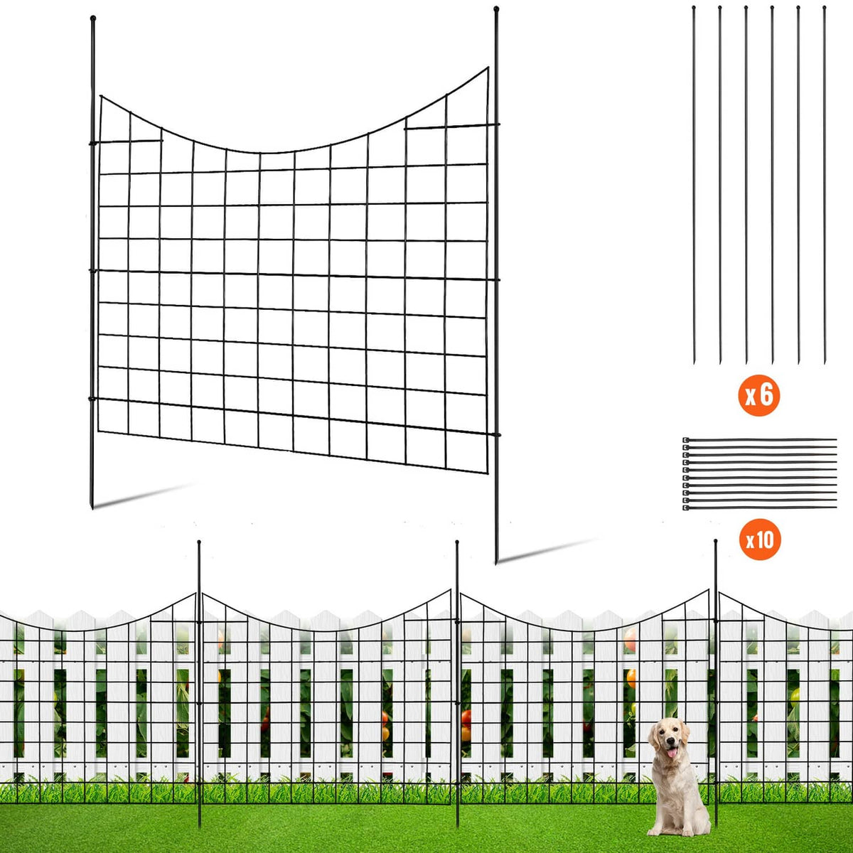 Decorative garden fence panel set with black grid panels and stakes, five-pack style