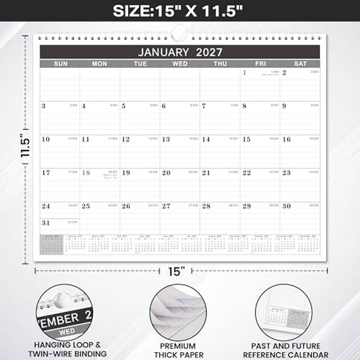 Wall calendar showing January 2027 grid with date blocks and size markings
