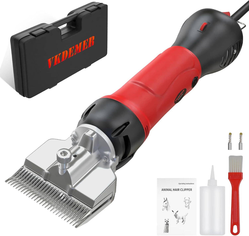 Electric horse grooming clipper with red handle, black motor housing, metal blade and combs