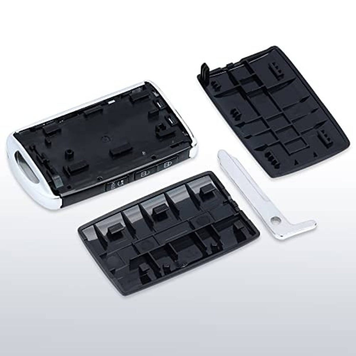 Key fob case shell open parts with black inner cover and metal key blade