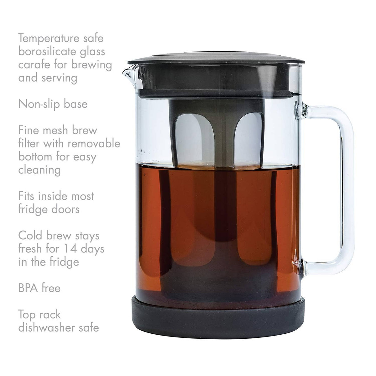 Cold brew coffee maker with clear glass pitcher and black lid, side view