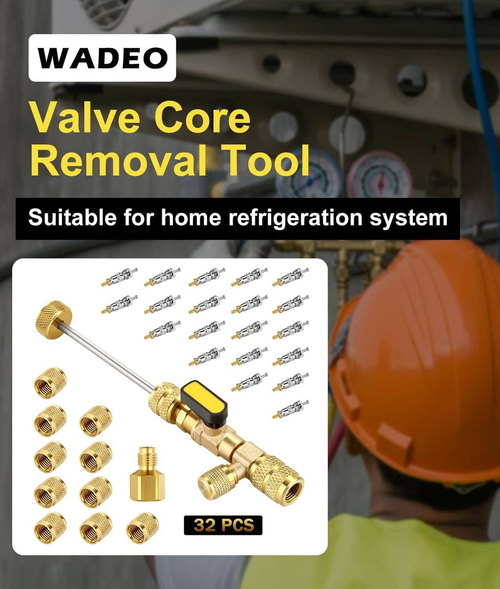 Brass valve core removal tool with black lever cap and multiple brass valve fittings
