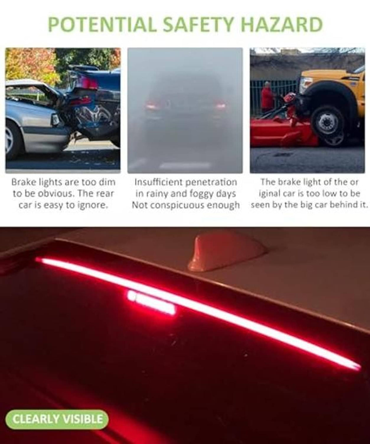 Clearly visible glowing red LED brake light bar with long straight light line