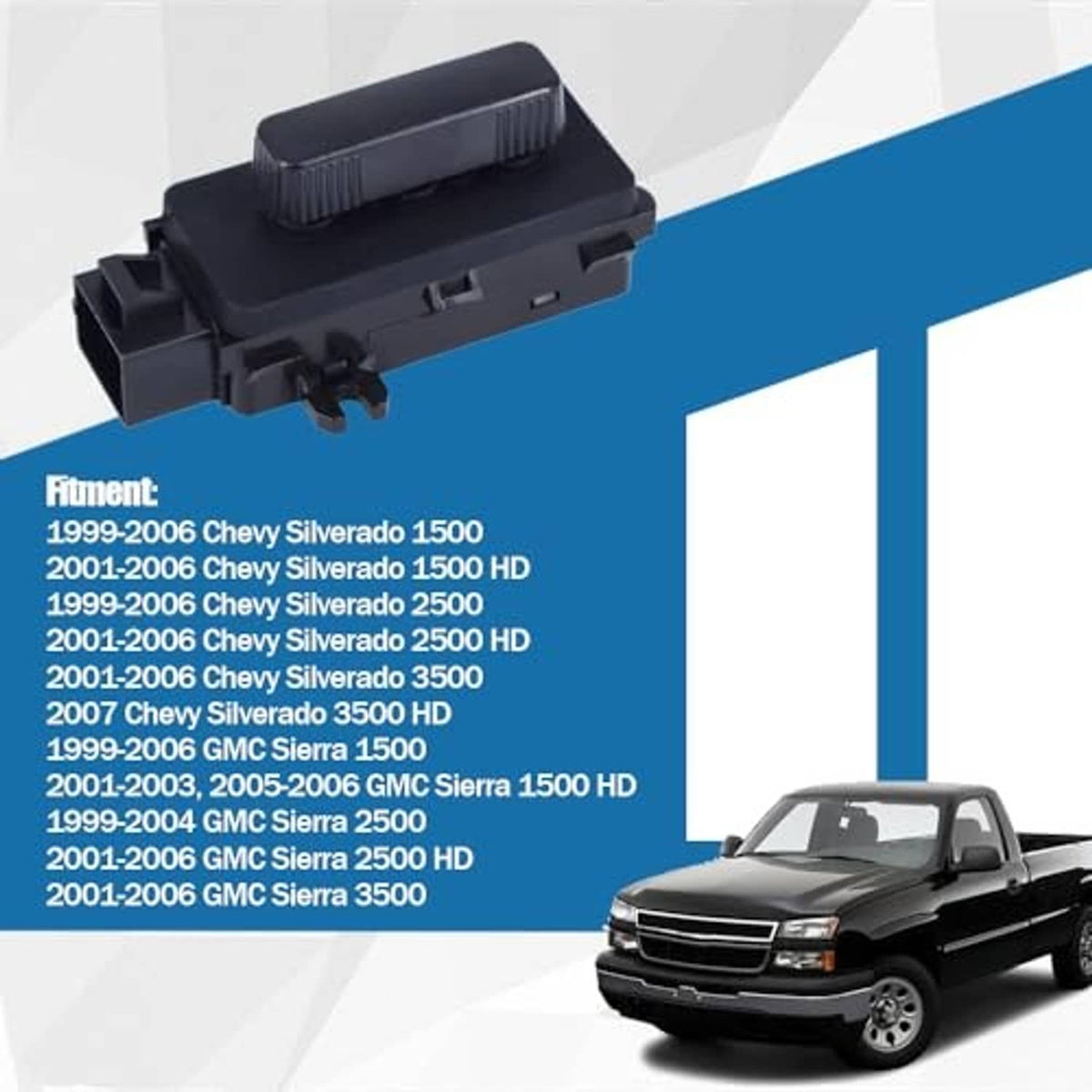 Black power seat adjustment switch module, angled view with small indicator window