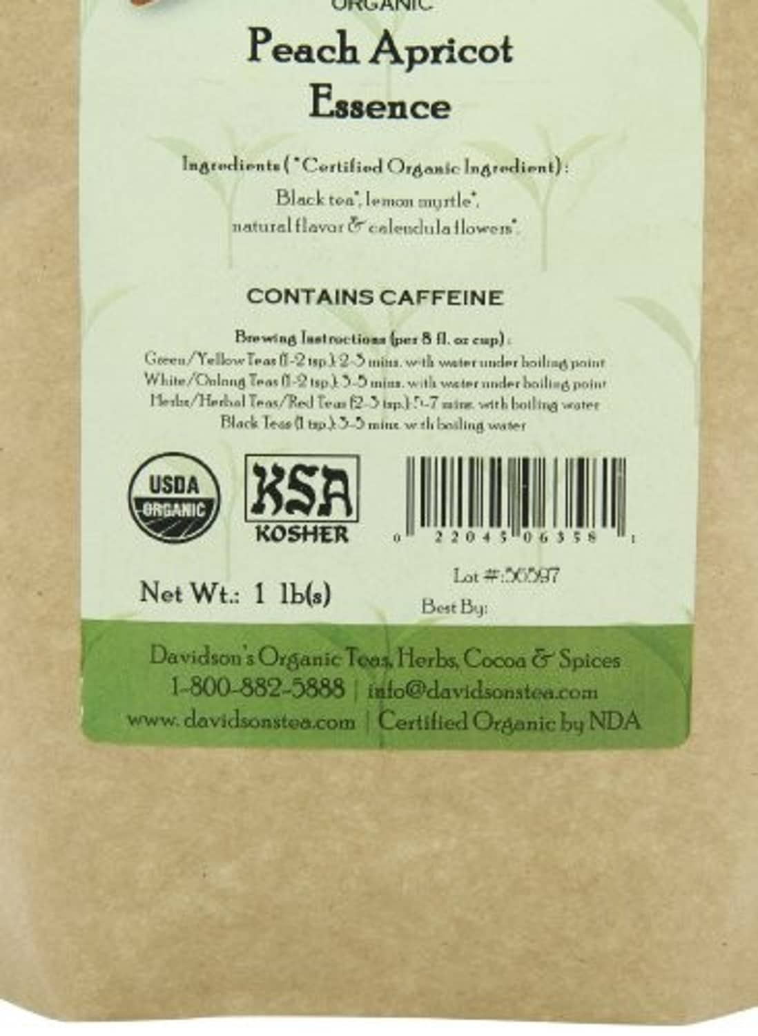 Back label: Peach Apricot Essence loose leaf black tea, contains caffeine; USDA organic