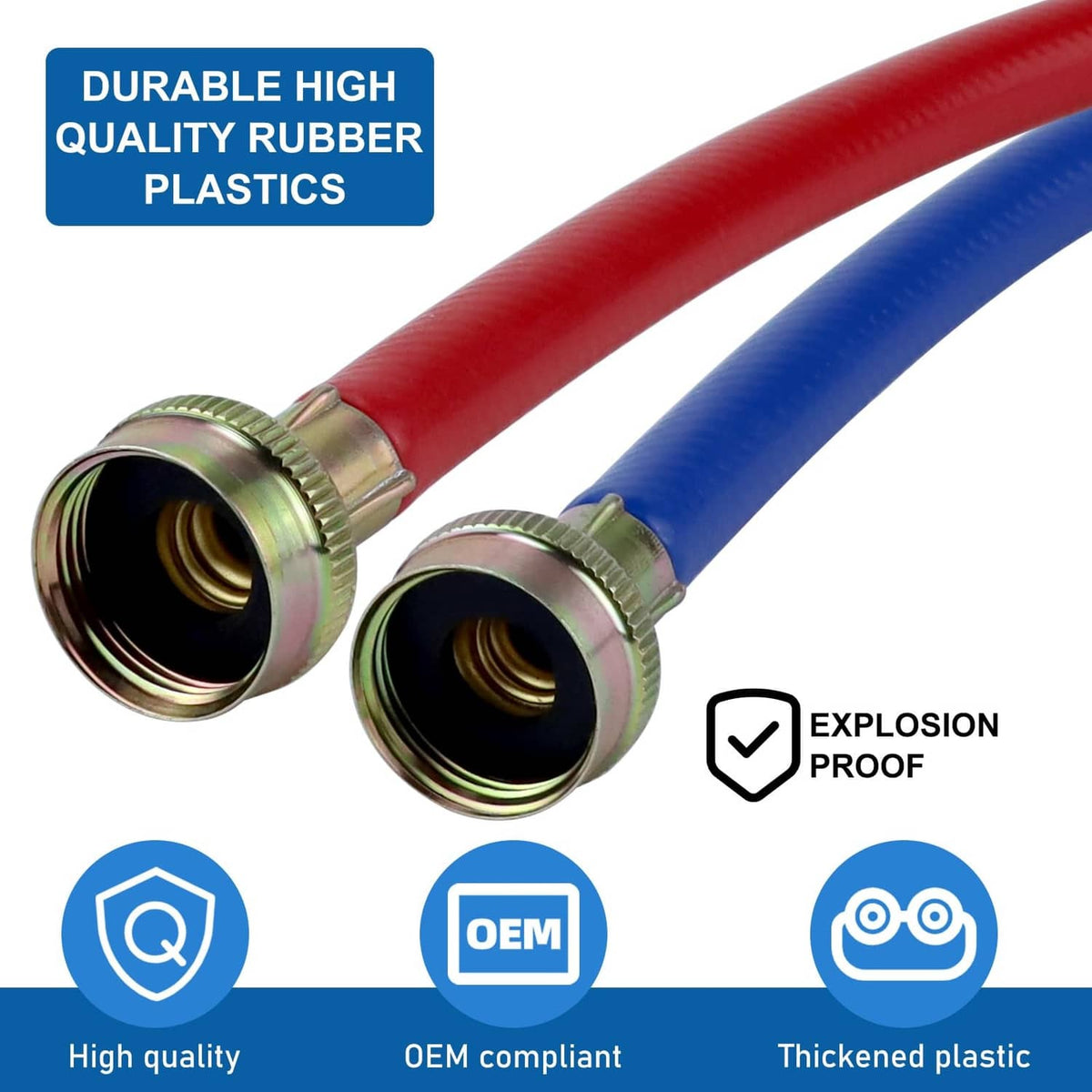 Blue and red washer hoses with brass threaded ends, durable rubber water line set