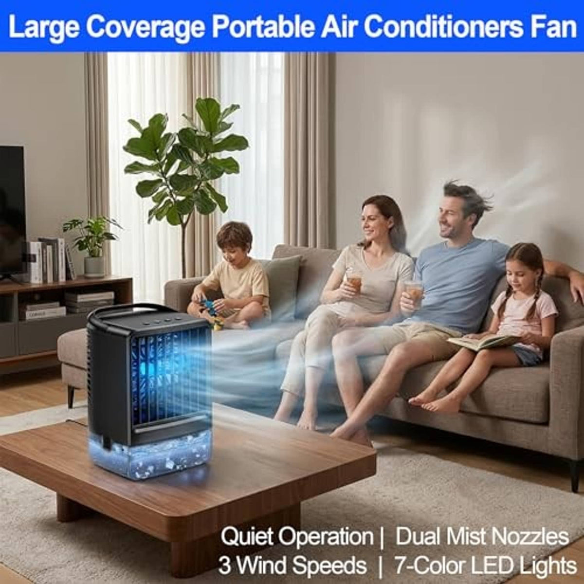 Portable air conditioner cooling fan in dark black on a living room coffee table