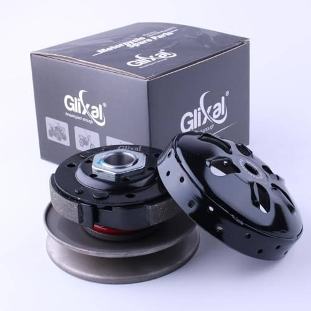 Glixal clutch assembly with clutch bell and box, black cover and gray bell plate with red ring