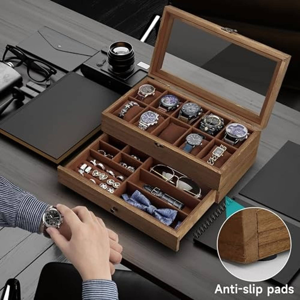 Walnut 10-slot watch box with hinged glass lid and anti-slip pads on the base