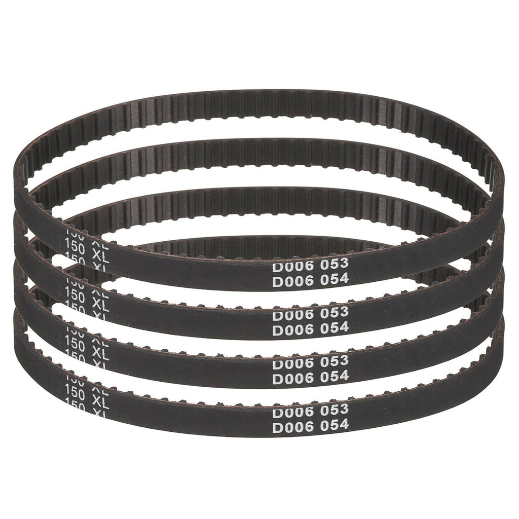 Set of four black timing belts with cogged teeth, stacked for size comparison