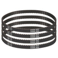 Set of four black timing belts with cogged teeth, stacked for size comparison