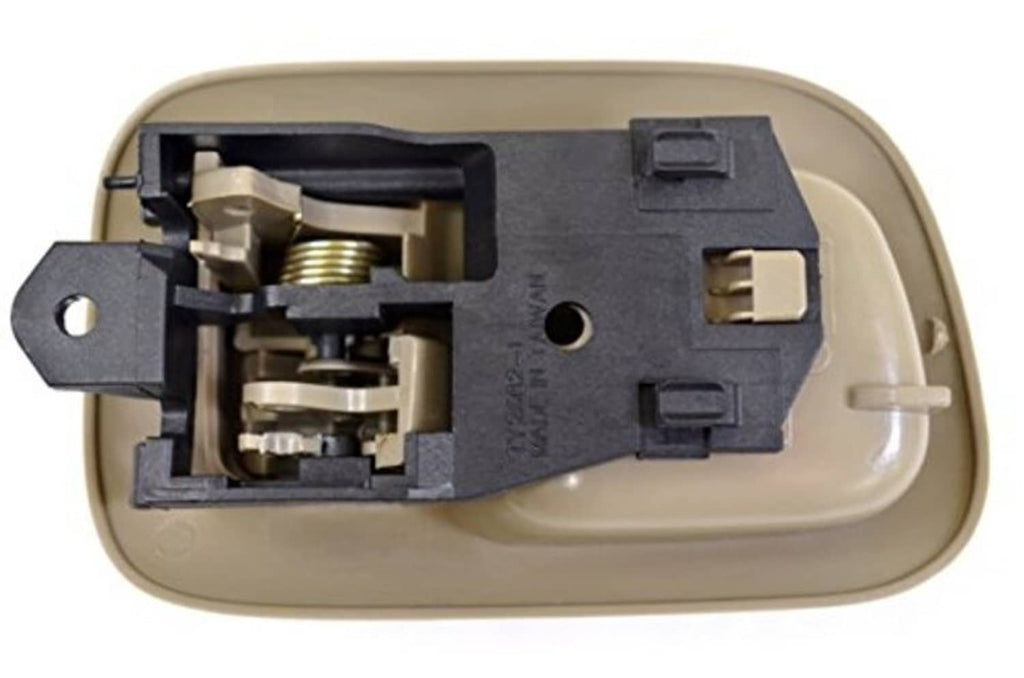 Beige interior door handle trim with exposed latch mechanism and mounting holes