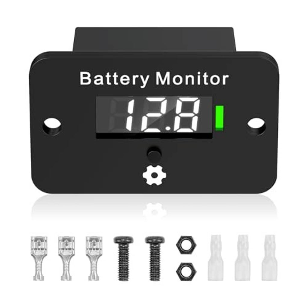 Digital battery gauge with LCD display reading 12.8V and green status indicator