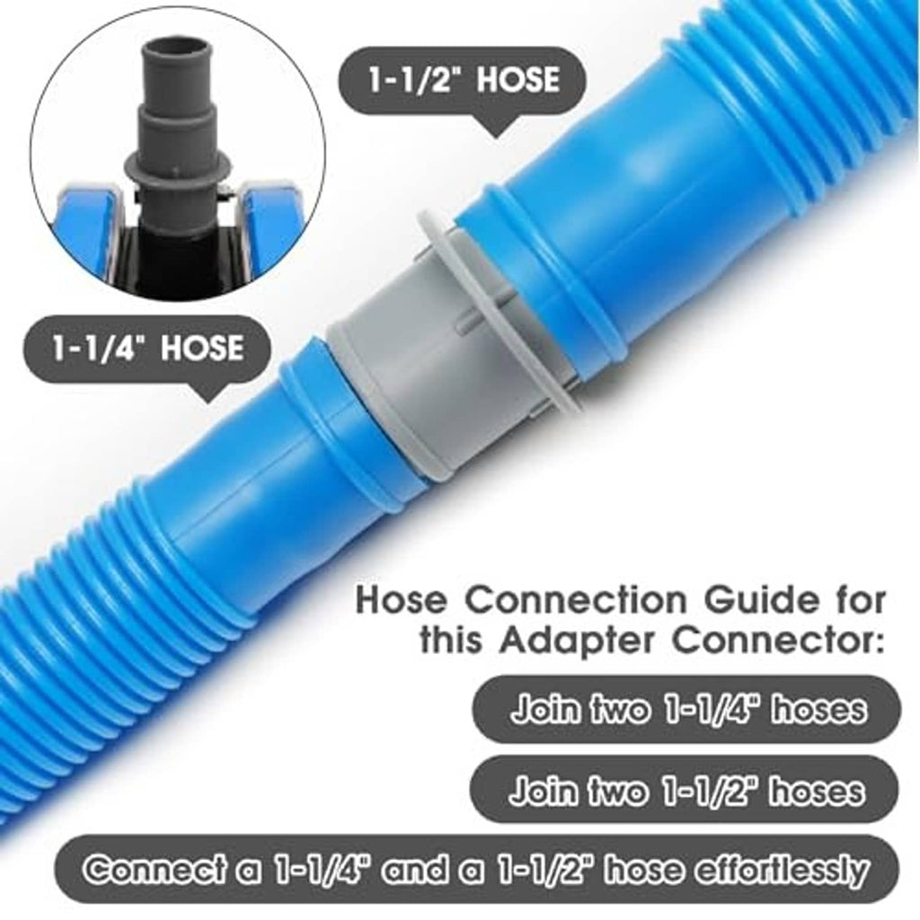 Grey plastic adapter coupling connecting to a blue corrugated pool hose
