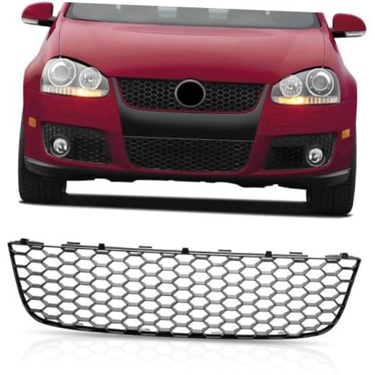 Black honeycomb mesh front lower grille, chrome-style surround, wide bumper insert