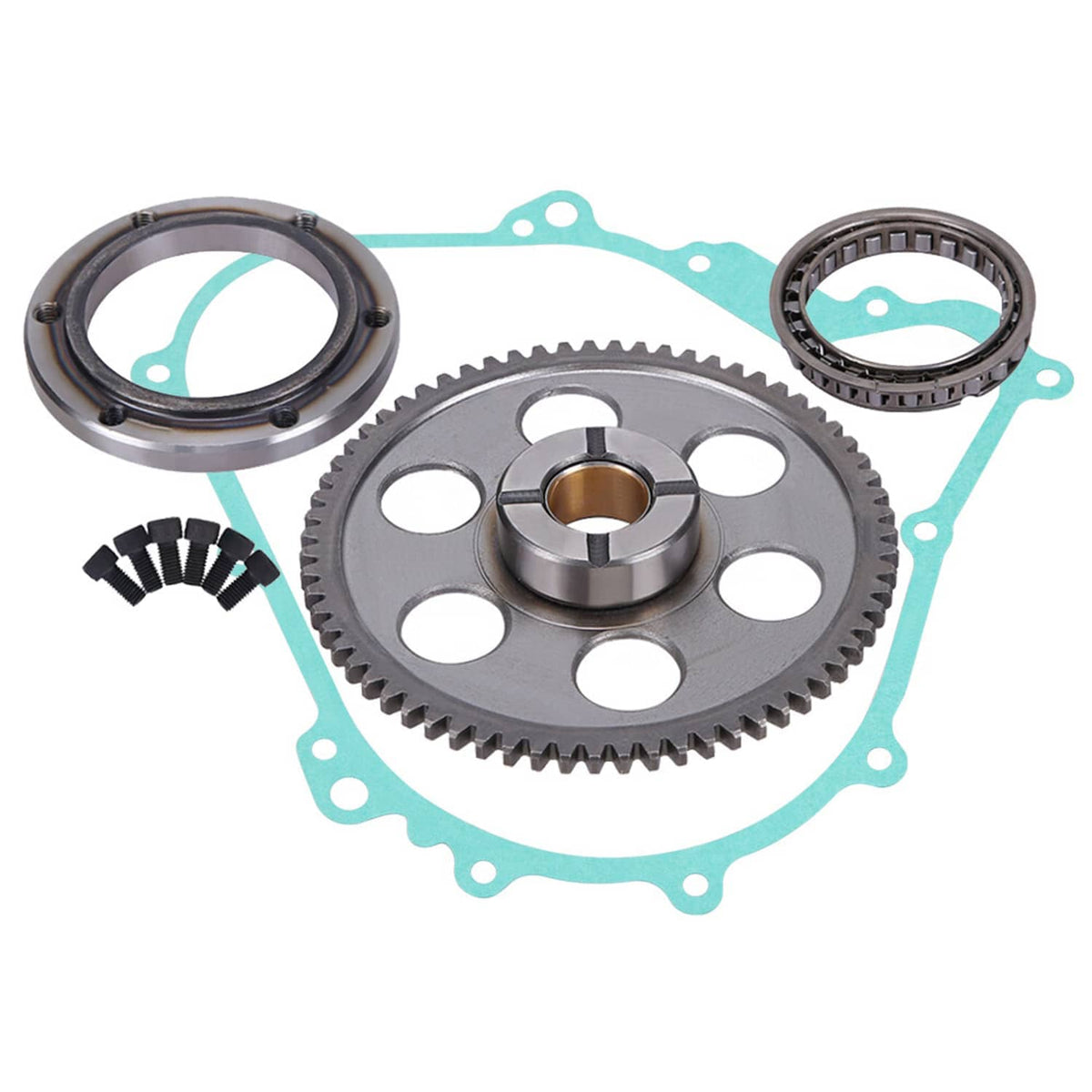 Starter clutch kit with main gear, outer bearing ring, gasket, and bolt set