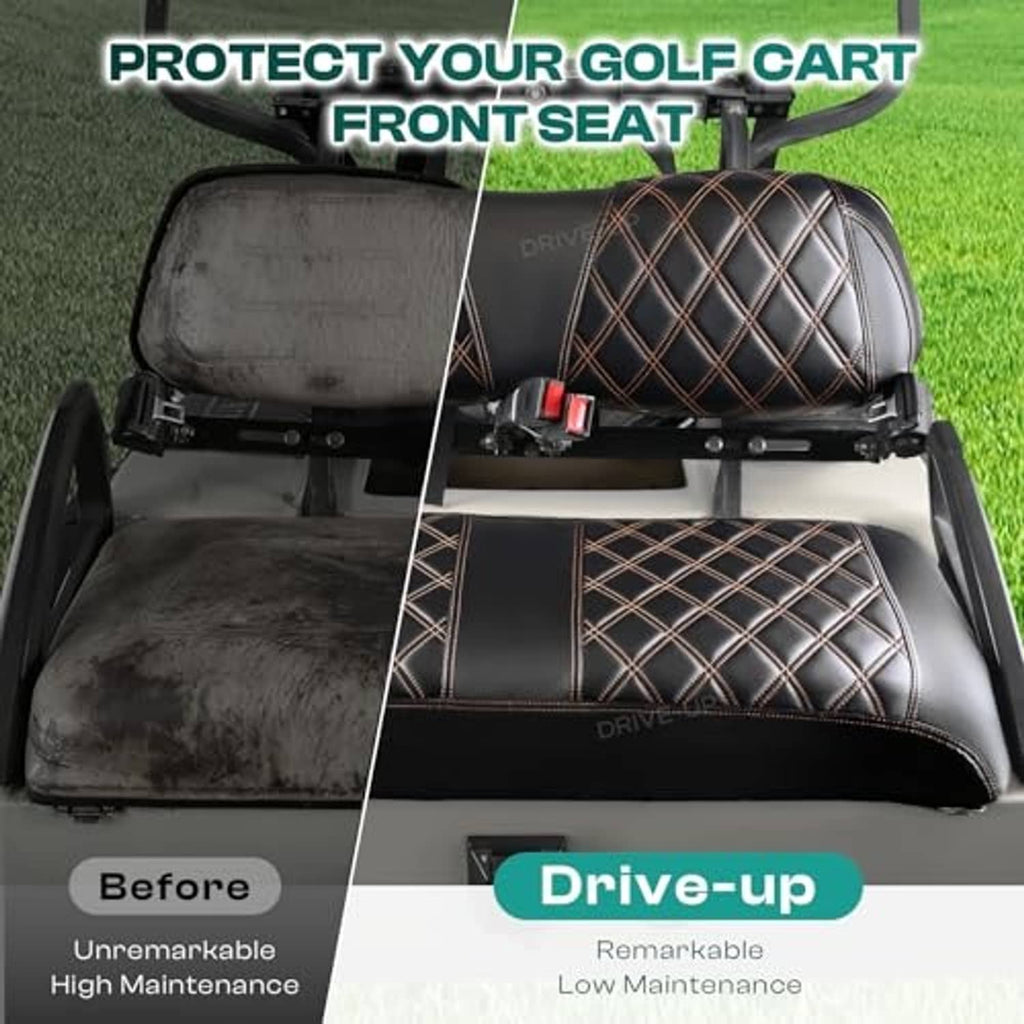 Black front seat cover with diamond quilt design, brown stitching, and adjustable buckle straps